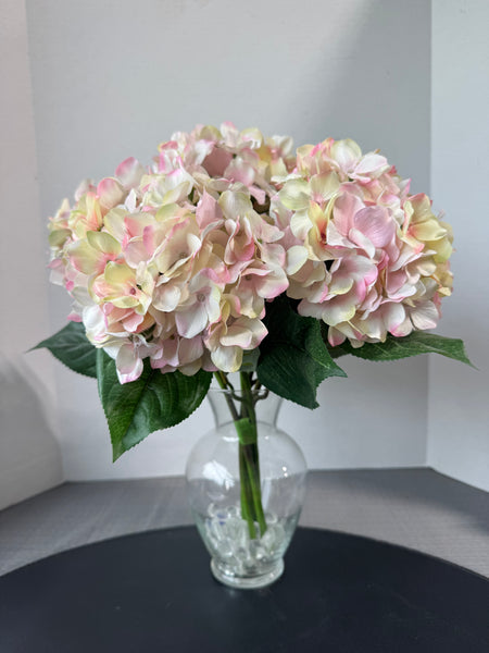Faux Hydrangeas in Clear Glass Vase