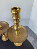 Pair of Large Etched Brass Candlesticks with Drip Pans