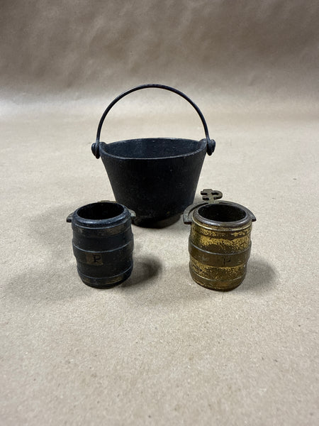 Miniature Cast Iron Cauldron And Whiskey Barrel Lot