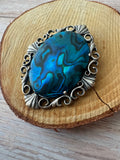 Ornate Sterling Silver Framed Blue Abalone Vintage Pendant Brooch