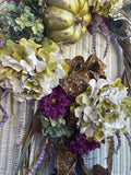 Large Wreath with Hydrangea, Pumpkin & Peacock Feathers