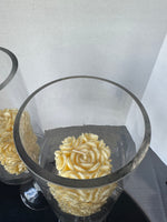 Pair of Pier 1 Glass Pedestal Hurricanes with Rose Carved Pillar Candles