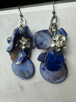 Blue Dyed Shell & Rhinestone Accented Silver Tone Cluster Drop Earrings