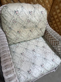 Cream Tone Wicker Pair of Chairs with Ottoman and Cushions