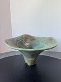 Signed Handcrafted Green Raku Pedestal Pottery Bowl