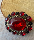 Ruby Red & Black Faceted Beaded Oval Gold Tone Brooch