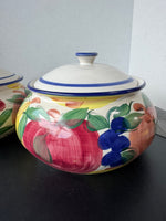 Pair of Hand Painted Fruit Motif Round Stoneware Lidded Canisters