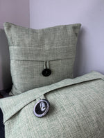 Pair of Green Tweed Feather Throw Pillows with Button Accents