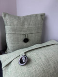 Pair of Green Tweed Feather Throw Pillows with Button Accents
