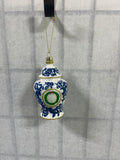 Blue & White Chinoiserie Glass Ginger Jar Ornament with Painted Green Boxwood Wreath on Front,5 1/2" height,  2 Available, PRICED INDIVIDUALLY