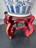 Large Blue & White Chinoiserie Vase on Wooden Stand AS IS (READ DESCRIPTION CAREFULLY)