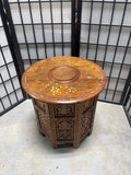 Round Inlay Side Table with Folding Carved Base