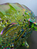 (A) Indiana Glass Vintage Green Carnival Glass Harvest Grape Footed Fruit Bowl