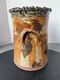 Signed Handmade Twin-Handled Glazed Stoneware Vase or Planter