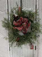 Faux Juniper Pine Spray Wreath with Plaid Bow