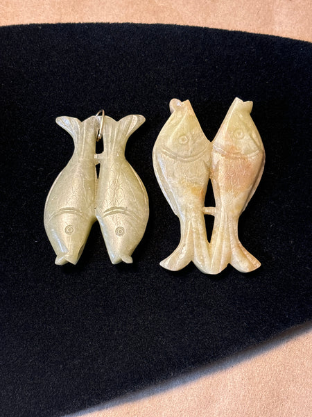 Carved Celadon Pisces Fish - Two Pieces