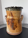 Signed Handmade Twin-Handled Glazed Stoneware Vase or Planter