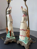 Pair of Antique Porcelain Figural Lamps with Heavyweight Metal Bases (WORKS) AS IS (READ DESCRIPTION CAREFULLY)