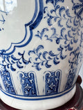 Large Blue & White Chinoiserie Vase on Wooden Stand AS IS (READ DESCRIPTION CAREFULLY)