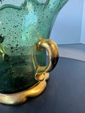 Vidreos San Miguel Style Green Glass Dual Handled Vase with Gold Accents