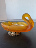 Art Deco Style Frosted Amber Swan Vintage Soap or Trinket Dish with Brass Base
