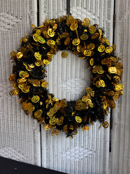 Black & Orange Lightweight Tinsel Style Halloween Wreath