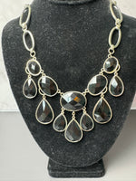 Black Faceted Teardrop Silver Tone Statement Necklace