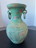 Bohemian Style Heavyweight Etched Pottery Vase with Multicolored Patina