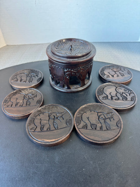 6-Piece Hand Carved Wooden Elephant Coasters in Box