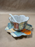 3 Piece Plaid Chikusa Condiment Bowl With Leaf Plate And Spoon ** READ DESCRIPTION **