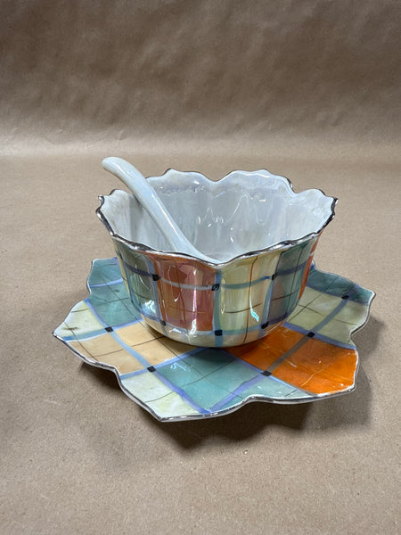 3 Piece Plaid Chikusa Condiment Bowl With Leaf Plate And Spoon ** READ DESCRIPTION **