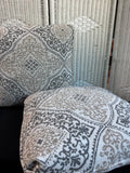 Pair of Tapestry Style Beige & Gray Damask Throw Pillows