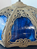 Art Nouveau Edward Miller Antique Brass & Blue Slag Glass Lamp Shade