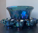 25-Piece Indiana Glass Blue Iridescent Carnival Glass Princess Punch Bowl Set in Box
