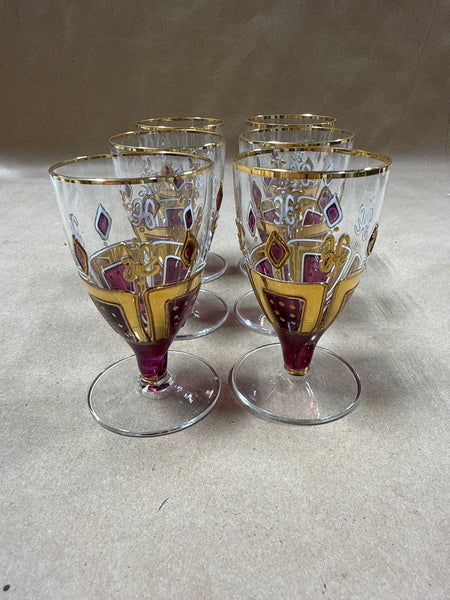 Set Of 6 Amethyst And Gold Small Wine Goblets