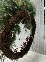 Faux Fir & Holly Berries Grapevine Wreath