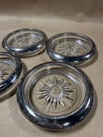Set Of 4 Leonard Silverplate Rimmed Starburst Glass Coasters // 2 Sets Available // *** PRICED INDIVIDUALLY ***