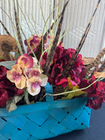 Faux Florals & Feathers Arrangement in Turquoise Wooden Woven Basket