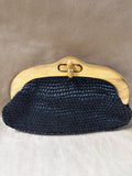 Black Raffia Straw Clutch With Wooden Handles