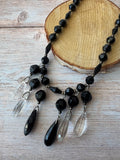 Black & Clear Beaded Teardrop Fringe Necklace