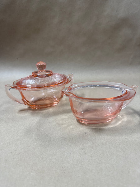 Anchor Hocking Princess Pink Depression Glass Creamer & Sugar With Lid