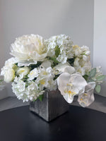 Assorted White Faux Florals in Silver Tone Textured Planter
