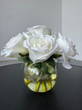 Faux White Roses in Glass Vase