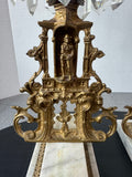 Pair of Antique Girandole Brass, Marble & Crystal Prism Candlesticks with Oil Lamp Conversion Inserts