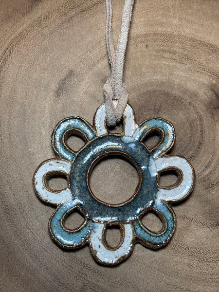Glazed Pottery Flower Pendant on Suede Cord