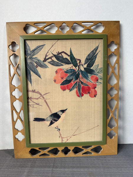 (B) Vintage Asian Silk Bird with Fruit Painting in Wooden Cut Out Frame