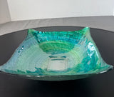Blue & Green Swirl Reverse Painted Decorative Square Glass Bowl
