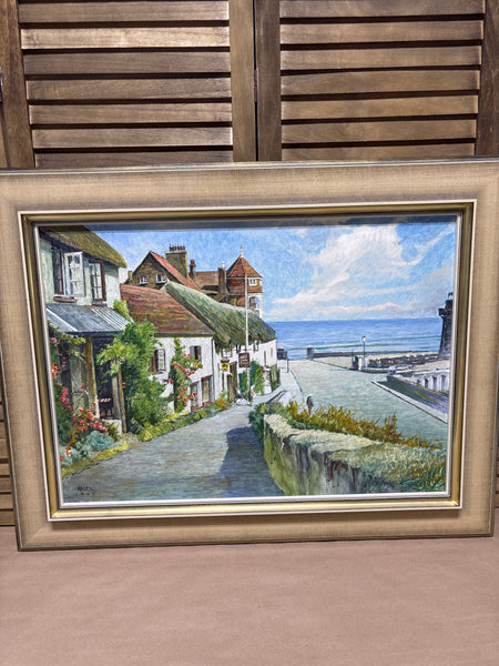 Coastal Town/Harbor Painting: Signed RAUER 1969