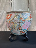 Chinese Floral & Koi Ceramic Fishbowl Planter with Wooden Stand