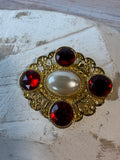 Victorian Style Faux Ruby & Pearl Gold Tone Costume Brooch